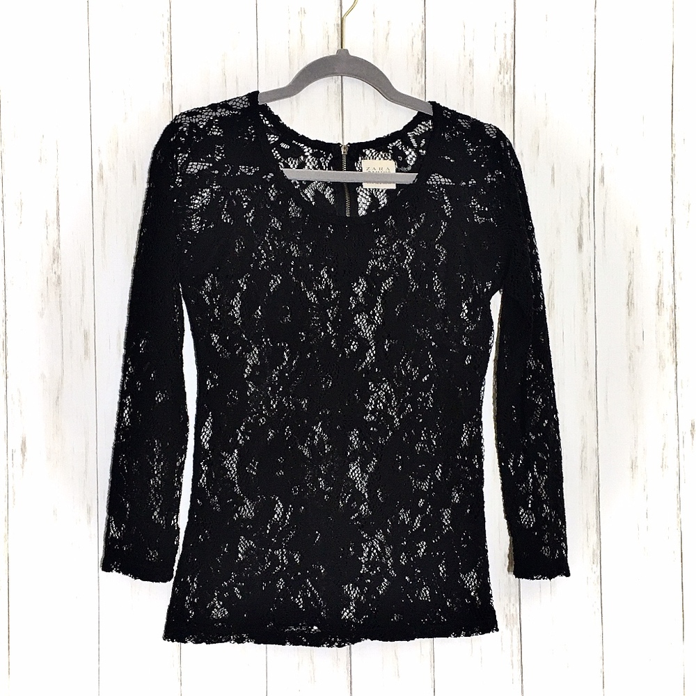 Zara black long sleeve lace zipper back top